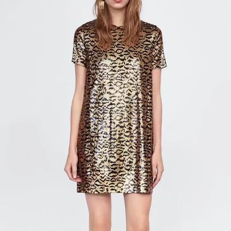 

ZA 2019 Spring Women's Leopard Fashion O-neck Casual Mini Dress