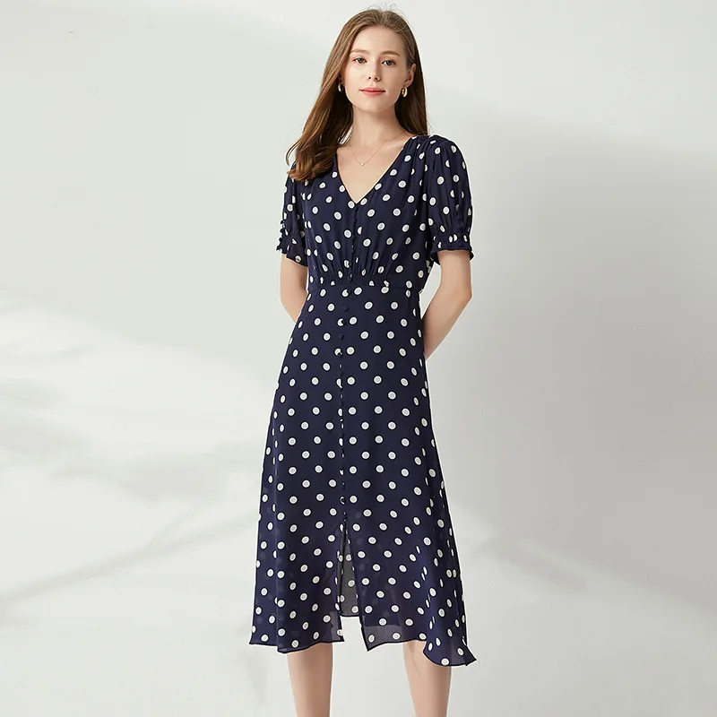 

Polka Dot Silk Dress Summer Clothes for Women Retro V Neck Midi A Line Shirt Dresses Ladies Casual High Waist sukienka Dark Blue