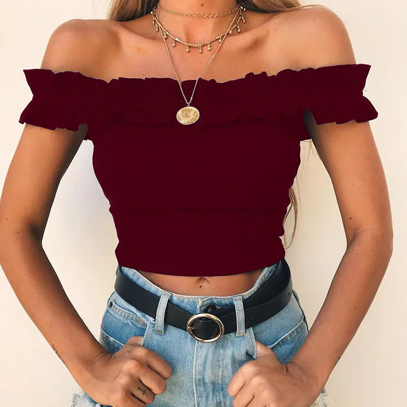 

Sexy Cotton Blend Crop Top Off Shoulder Solid Short Sleeve Crochet Women Brandy Elegant Tank Crop Slim Tops Bustier TP0033