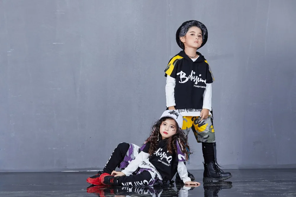 Spring Autumn Boys Girls Street Dance Clothes Suit Children's Fashion Print Performance Tracksuit Kid Hip-Hop Sportswear Outfit (46)