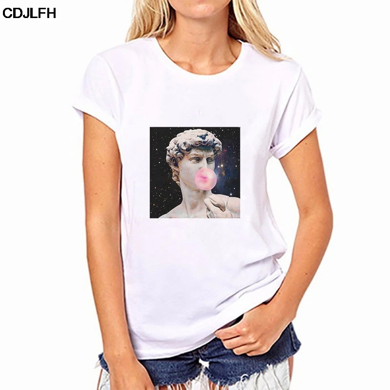 

David Funny Tshirt Harajuku Kawaii Tees Korean Style Tops Statue Bubble Gum Chewing Gum Print O-neck Short Sleeve White T-shirt