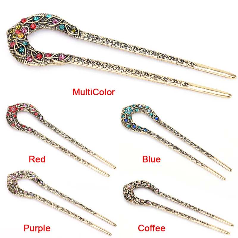 Hair Accessories Purple/Coffee Retro Hair Jewelry Antique Bronze Plated Hairpins U Shape Hair Sticks Women Rhinestone Flower