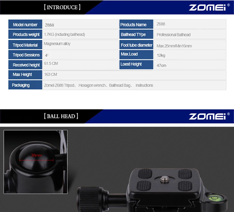 Zomei Z688 Профессиональный фотографический дорожный Компактный алюминиевый тяжелый Устойчивый Штатив монопод шаровая Головка для цифровой DSLR камеры