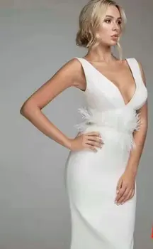 

White Color Ladies HL Bandage Dress Sleeveless Sexy V-Neck Bodycon Mini Dress Feather Sexy Club Night Dress