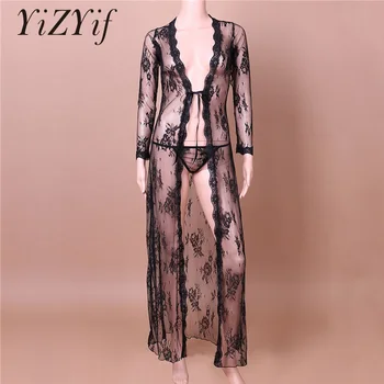 

White black wedding maxi sleep dress long sleeve sheer lace nightgown sexy baby doll Women Lingerie Long Nightgown with G-String