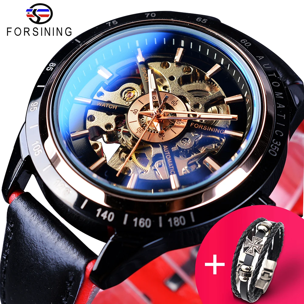 Watch + Bracelet Set Motorcycle Transparent Genuine Strap Skeleton Male Automatic Watches Clock