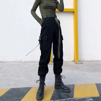 

Black Cargo Pants Women Fashion 2019 Pockets Patchwork Hippie Trousers Fake Zipper Woven High Waist Streetwear Pants