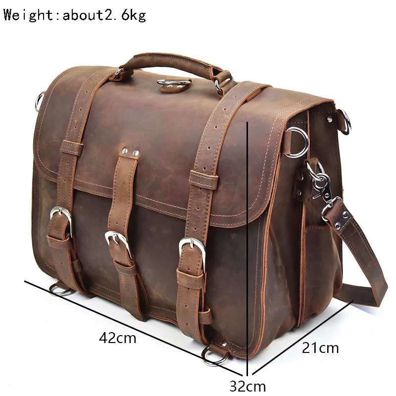 Мужской большой портфель из натуральной кожи, 15 дюймов, для ноутбука, 2 использования, Crazy Horse, кожаная сумка, толстая натуральная кожа, деловая сумка