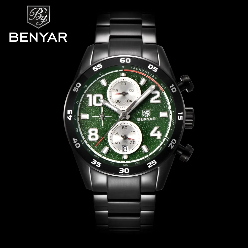 

BENYAR Luxury Brand Men Watch Sport Chronograph Stainless Steel Military Waterproof Business QuartzWatches Erkek Kol Saati Green