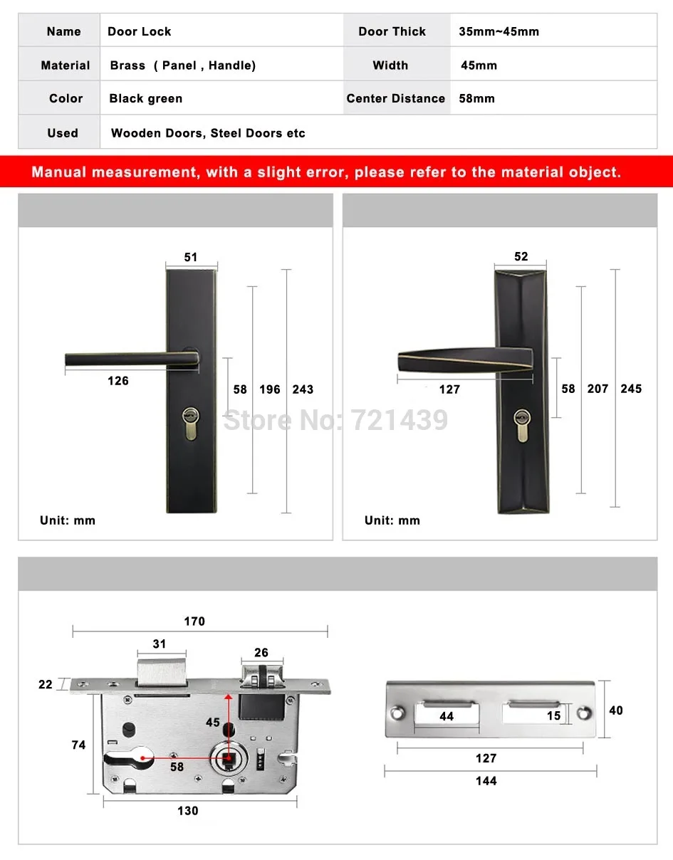 Black solid Copper Alloy Door Locks Continental Bedroom Minimalist Interior Door Handle Lock Cylinder Security Locks Package