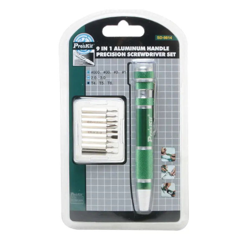 

SD-9814 Pro'skit Repairing Tool Kit 9 in1 Aluminum Alloy Handle Precision Screwdriver Set