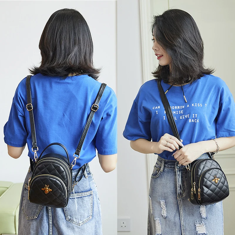 Mini Mochilas a la moda para mujeres con entramado de diamante Pu Mochila de cuero para chicas Bee mujeres mochila negra mujeres mochila Mujer 2018