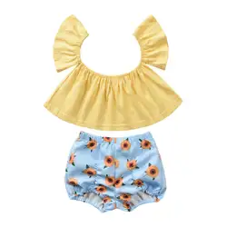 2 предмета, Летний жилет для маленьких девочек укороченные топы с рукавами-рюшами и цветочным бантом, короткие штаны, комплект одежды