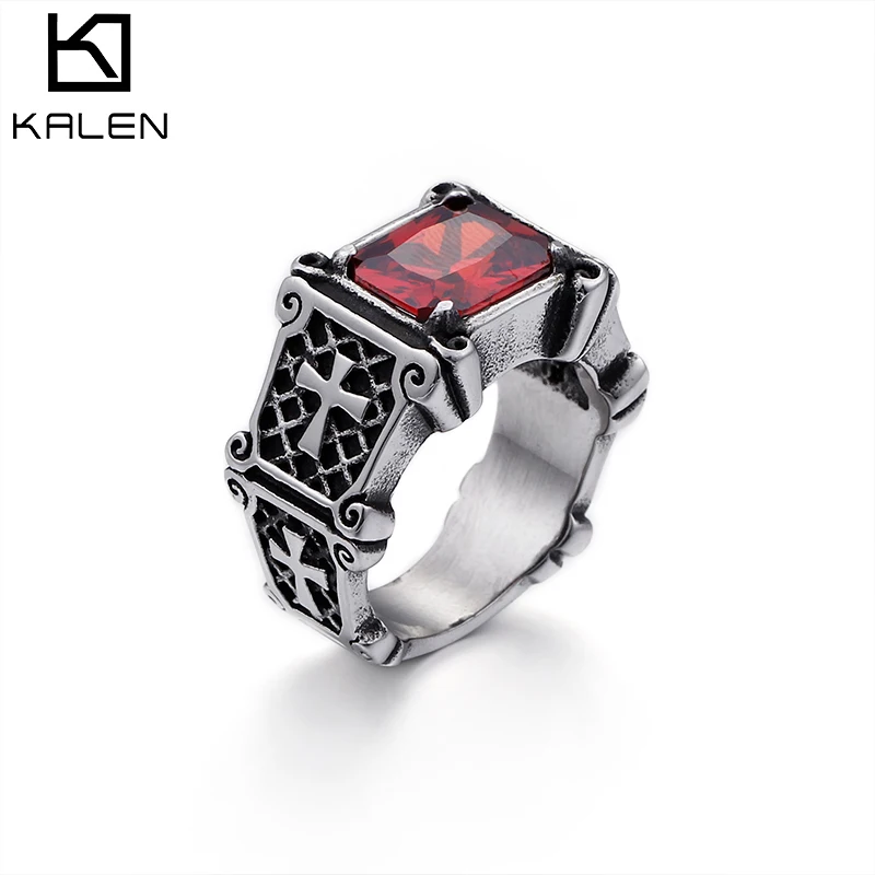 

Stainless Steel Fashion Finger Rings For Men Red Black Crystal Bague Vintage Cool Boys Cross Anillo Homme Party Jewelry Gifts