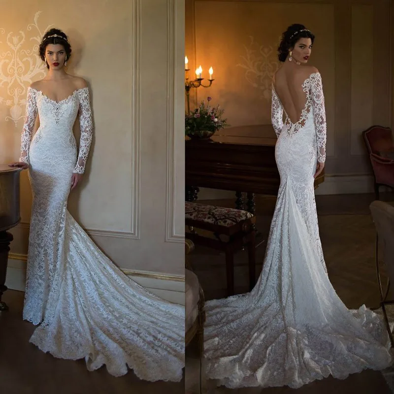 Aliexpress.com Acheter Mode boho dos nu robe de mariée 2017 manches longues appliques dentelle sirène avec tarin femmes de mariée se marier robes robe de