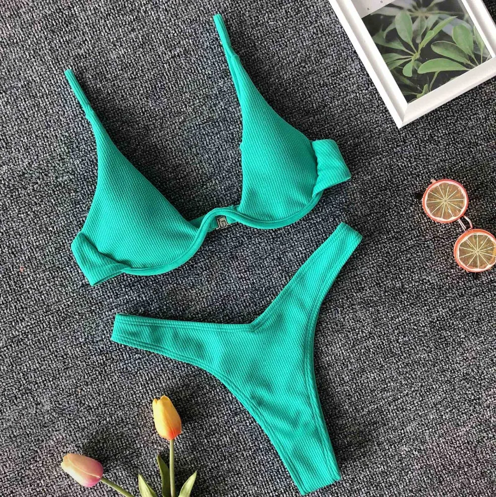 Women Two-Piece Neon Pink Bikini Set Textured Push up Bra Bathing Suits Thin Strap Swimsuit Top With Cut Out Thong Bikini 4 Color 17