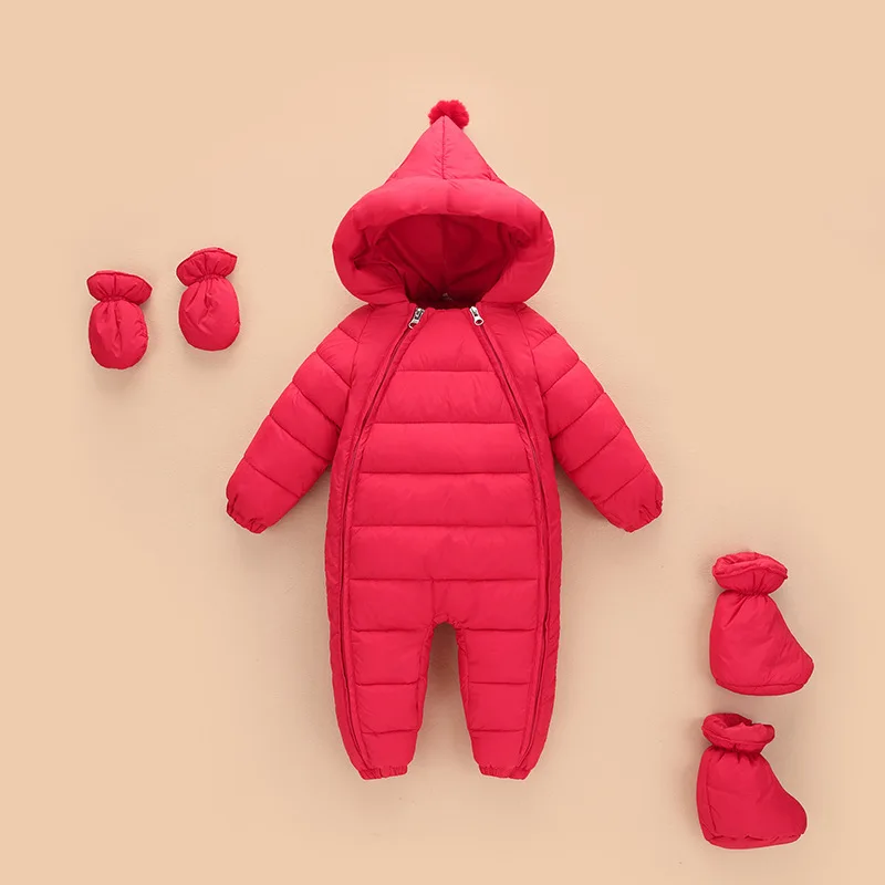 Комбинезоны для маленьких девочек и мальчиков; комбинезоны для новорожденных; сезон осень-зима; теплые детские комбинезоны с капюшоном; детская верхняя одежда - Цвет: Красный