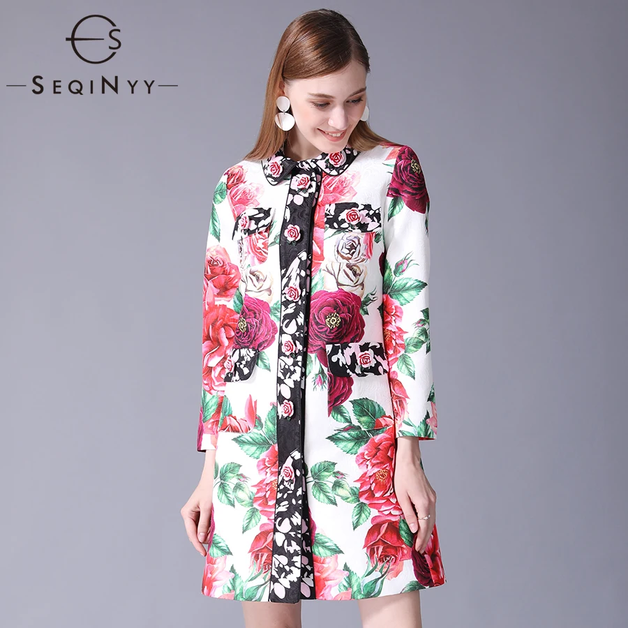 

SEQINYY Fashion Trench Coat Autumn Winter 2018 New Women's 6XL Rose Buttons Flowers Printing Long Sleeve Long Jacquard Coat