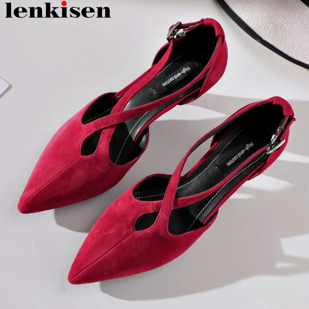 

Lenkisen genuine leather buckle strap pointed toe hollow women sandals high heels plus size European superstars runway shoes L34