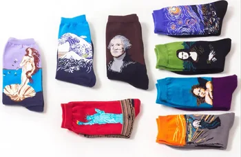 

250pairs/lot men's Oil Painting Abstract Mona Lisa art crew sock
