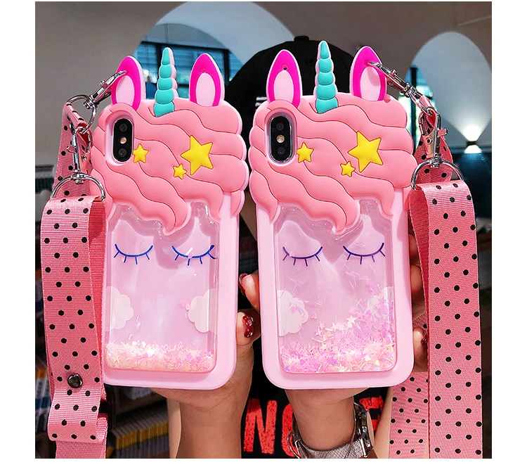 3D милый Единорог чехол для iphone XS max XR X liquid star мягкий чехол для iphone 8 plus 7 8 6s 6 plus 5s SE чехол fundas+ ремешок