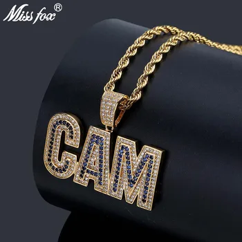 

MISSFOX Hip Hop Cam Letter Nameplate Necklace 24K Gold Plated AAA Blue Cubic Zirconia Long Rope Necklace Chain Initial Pendant