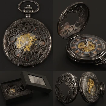 

Mens Black Gear Hollow Mechanical Pocket Watches FOB Chain Gift Box Hand Wind Steampunk 2017 Free Shipping