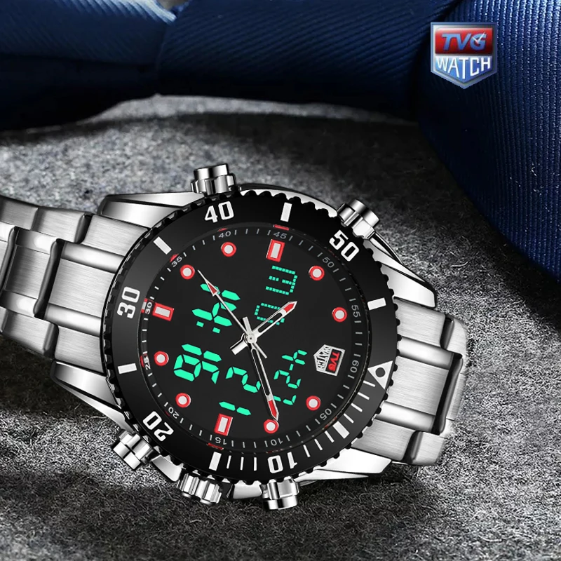 TVG Luxury Brand Mens New Fashion Stainless Steel Waterproof Digital LED Watch Business Watch Men Sport Watch Diving Watch