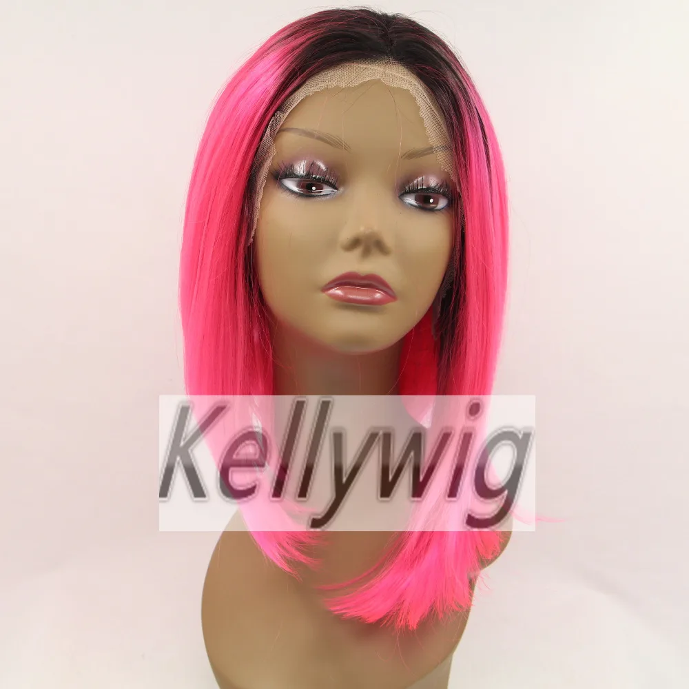 

Free Ship Glueless  Lace Front Wig Heat Resistant Hair Full Wig Ombre Color 1B/Pink Short Bob Hair Wig Medium Cap