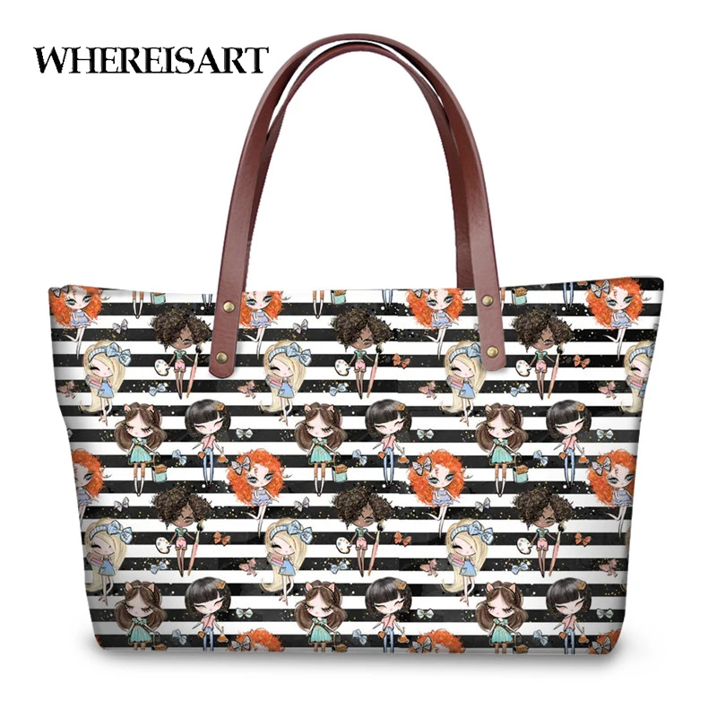 

WHEREISART New Arrival Handbags Women Cute Cartoon Girls Design Large Tote Shoulder Bags for Female Casual Travel Shopping Bag