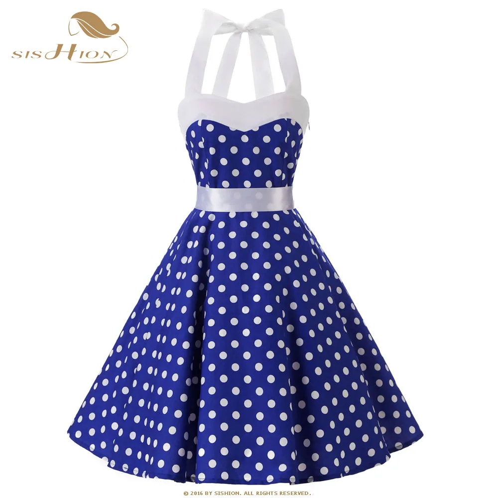 SISHION Blue Dress White Polka Dot Women Summer Dress Plus Size Hepburn
