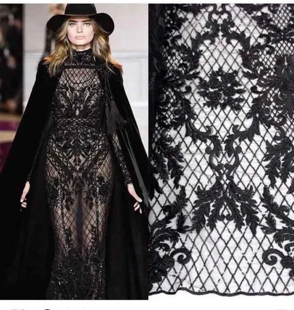 

Beaded Lace Fabric Black African Lace Fabric High Quality nigerian lace fabric Embroidery African Dresses For Women DYS88