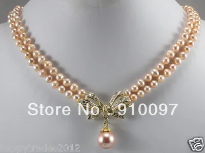 

>>>2 row pink cultured pearl necklace + Inlay crystal bow pendant