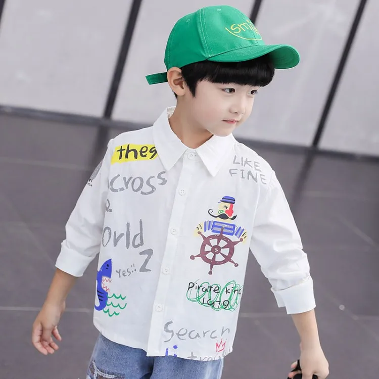 

2019 Summer 100% Cotton Boys Shirts Turn-down Collar Cartoon Printed long Sleeve Shirts Boy Shirts for Children