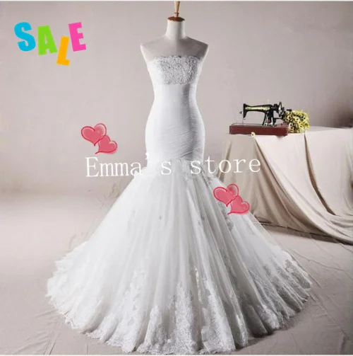 

MORI-Hot Free Shipping Real Sample Exquisite 2013 New Sexy Mermaid Strapless AppliquesTulle Train White Wedding Dress GownsBride