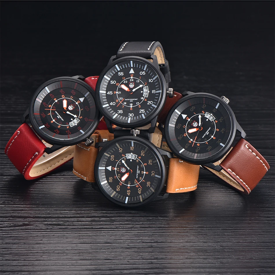 

2018 XINEW Fashion Designer Brand Watches Men Leather Strap Round Dial Date Calendar Casual Quartz Watch Montre Homme Marque
