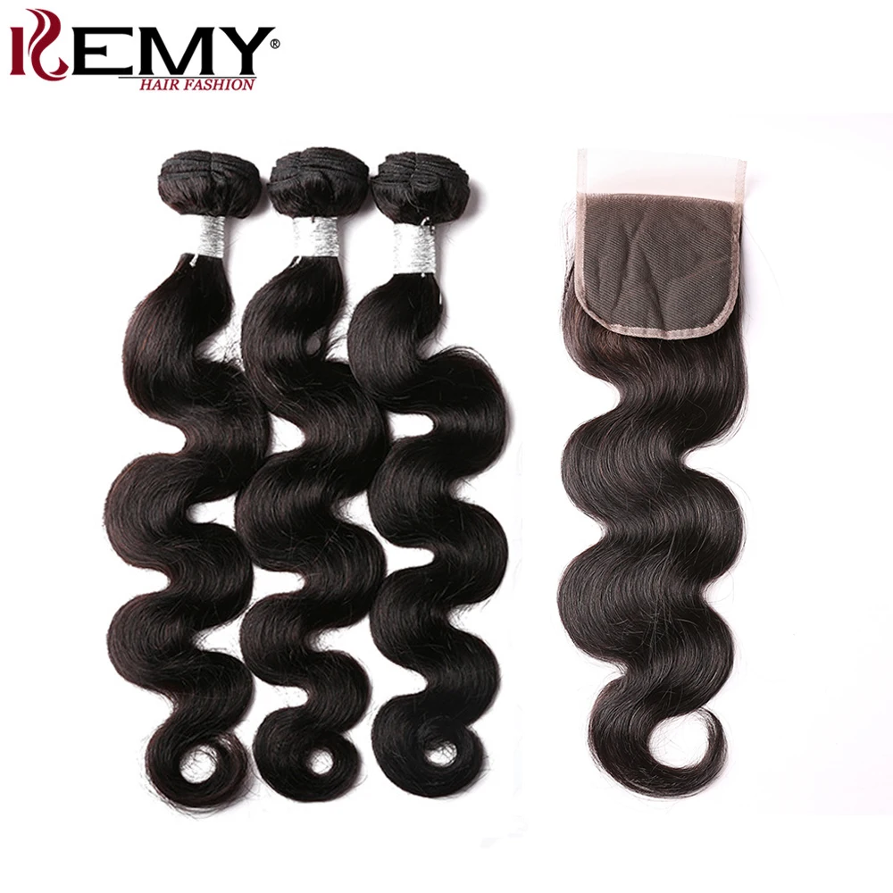 KEMY HAIR Pre-colored 3 Bundles With Closure4*4 Non Remy Brazilian Body Wave Natural Color Human Hair Weaves Bundles LaceClosure brazilian-body-wave-hair-bundles