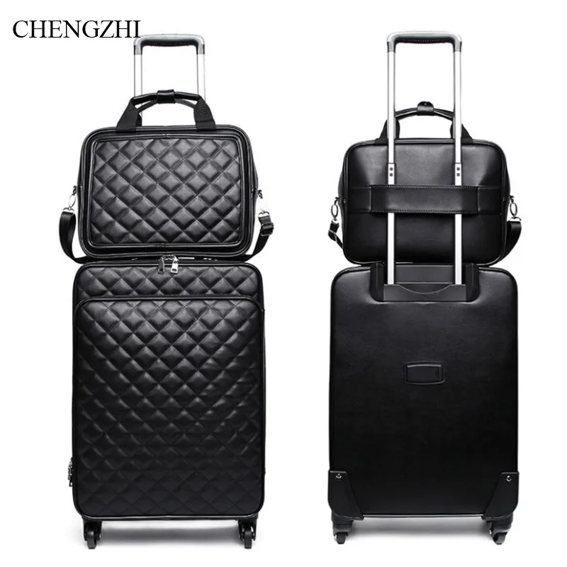 

CHENGZHI 16"20"24" fashion women pu leather trolley bag spinner cabin travel suitcase set travel luggage bag on wheels