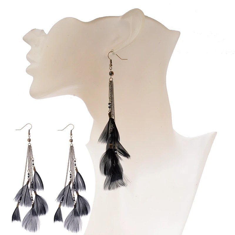Женские богемные серьги подвески Amader длинные черные ручной работы с перьями и