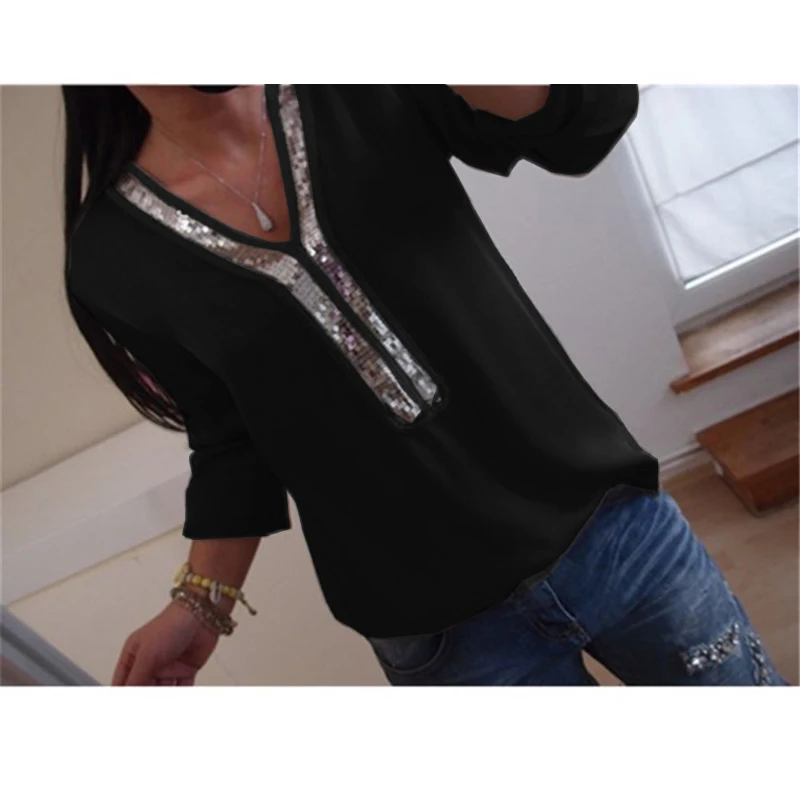 

Plus Size S-5XL Women Clothing Sexy V Neck Sequined Long Sleeve T-shirt Female Loose Elegant Basic Streetwear Top Tees WS9722E