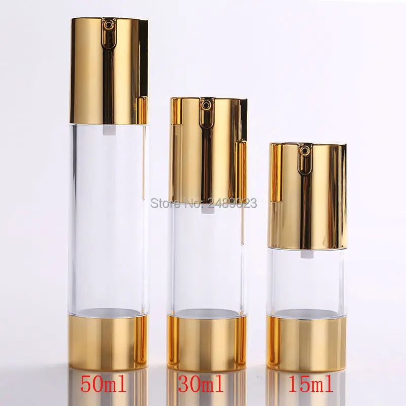 10pcs/lot Gold 15ml 30ml 50ml Airless Pump with Clear Body Bottle By Self Empty Reusable Refillable Diy Skin Care Creations