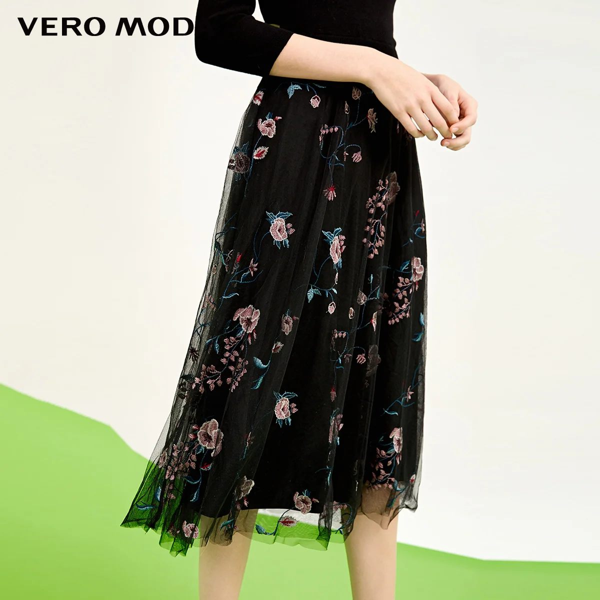 Vero Moda 2019 лето новый стиль с сеткой Марля Вышивка ТРАПЕЦИЕВИДНОЕ ПЛАТЬЕ три