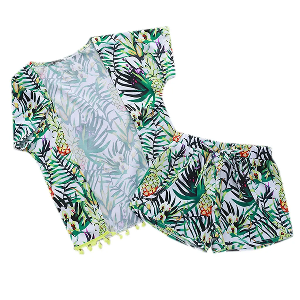 

Fashion palm leaf pineapple cardigan summer set small fresh Girls Friut Tassel Kimono Shawl Cardigan Tops Shorts Outfits Sets F4