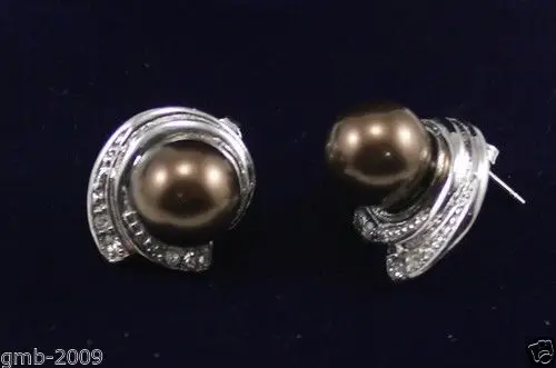 

ry00868 Wedding Jewelry New 10mm Coffee Round South Sea Shell Pearl 18KGP Stud Earrings A0422 -Top quality free shipping
