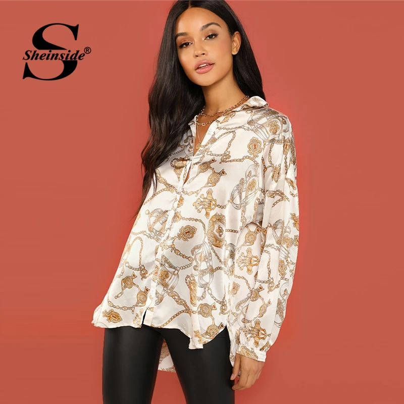 Womens white satin long sleeve blouse print Womens white satin long sleeve blouse print