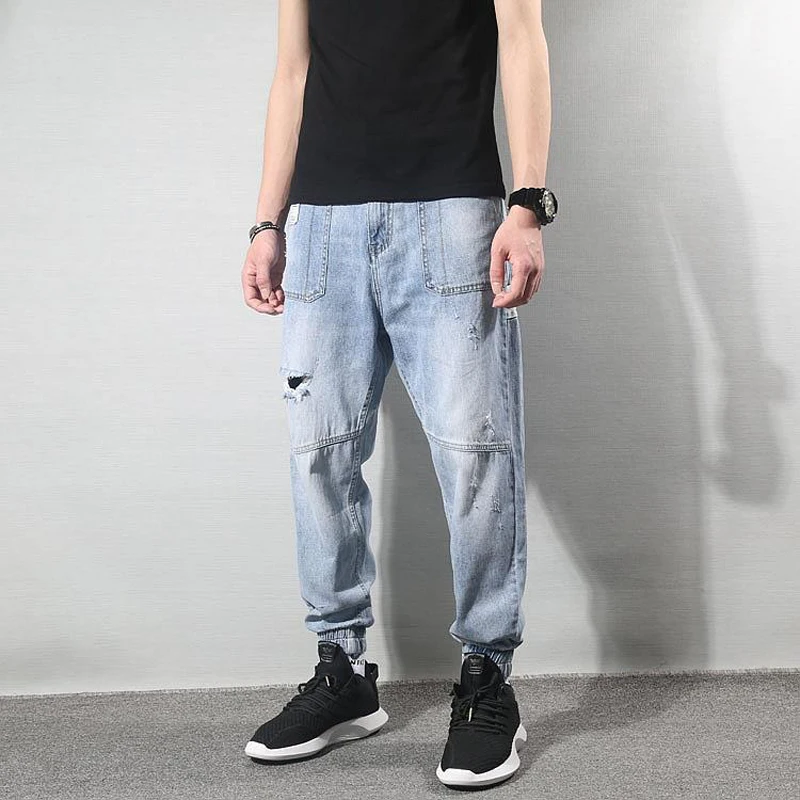 

Fashion Streetwear Men Jeans Light Blue Harem Trousers Spliced Joggers Ripped Jeans Men Multi Pockets Hip Hop Denim Cargo Pants