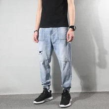 Fashion Streetwear Men Jeans Light Blue Harem Trousers Spliced Joggers Ripped Jeans Men Multi Pockets Hip Hop Denim Cargo Pants Fashion Streetwear Men Jeans Light Blue Harem Trousers Spliced Joggers Ripped Jeans Men Multi Pockets Hip Hop Denim Cargo Pants