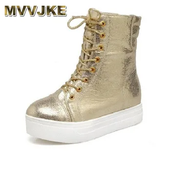 

MVVJKE New Thick Bottom Cross Straps Round Mar Boots Shoes Women Gold Silver Black And Personality Platform Boots Casual