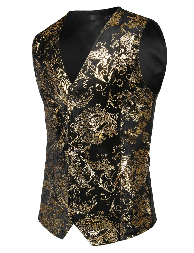 Gold Silver Steampunk Mens Vest Paisley Print Flower Metallic Suit ...