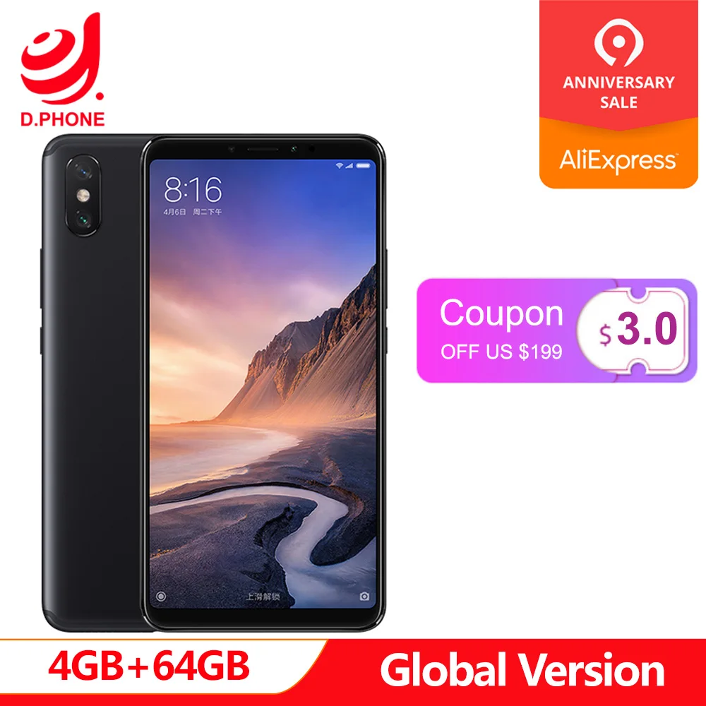 

5500mAh 6.9 inch Global Rom Xiaomi Mi Max 3 4GB RAM 64GB ROM Snapdragon 636 Octa Core 12MP+5MP Camera Max3 Mobile phone